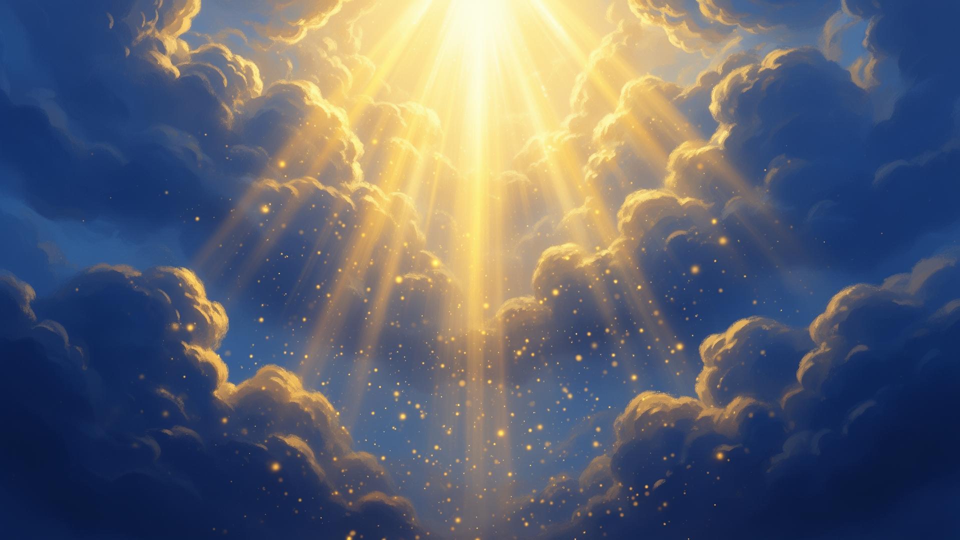 Raios dourados atravessando nuvens celestiais